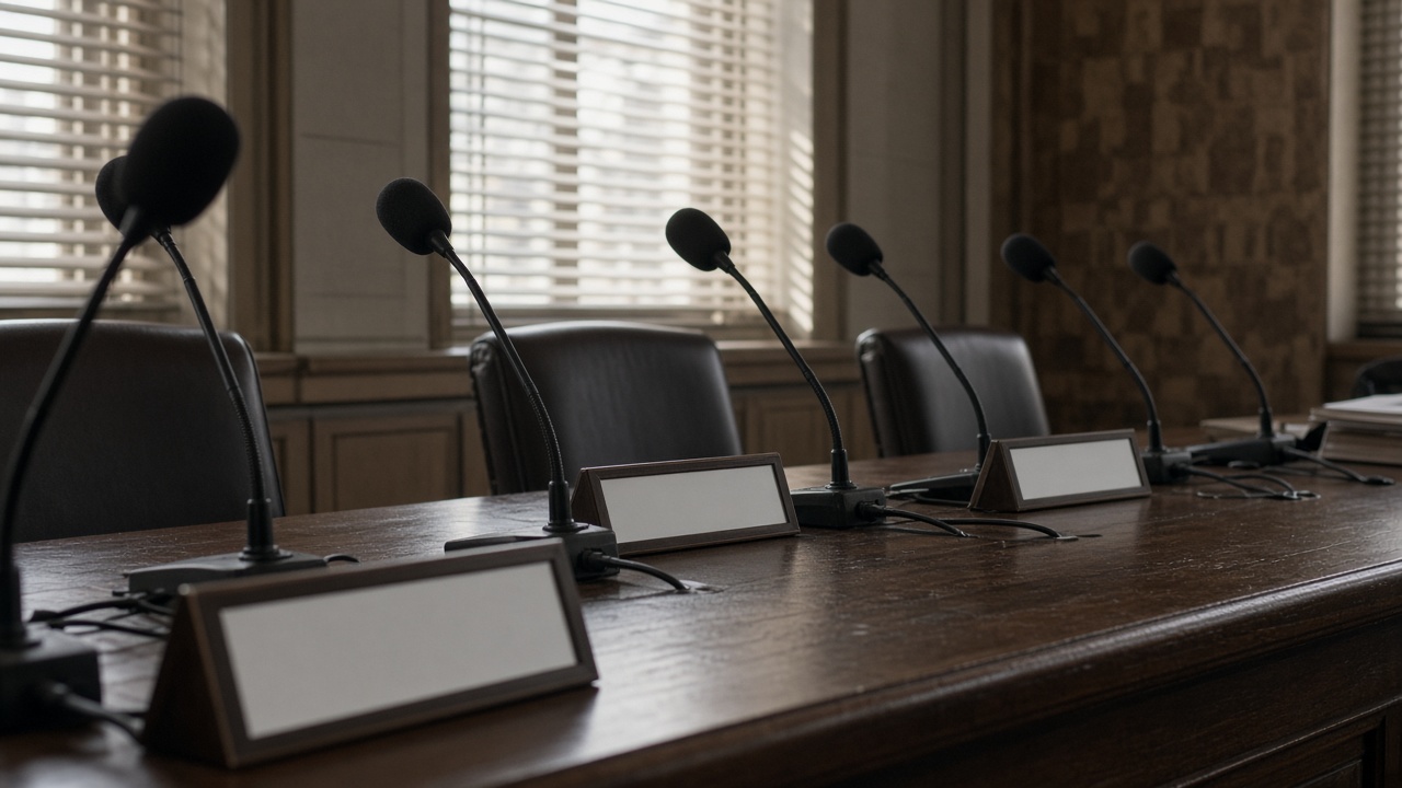 Empty committee microphones and nameplates in a National Assembly hearing room, afternoon light through blinds, no logos or readable text