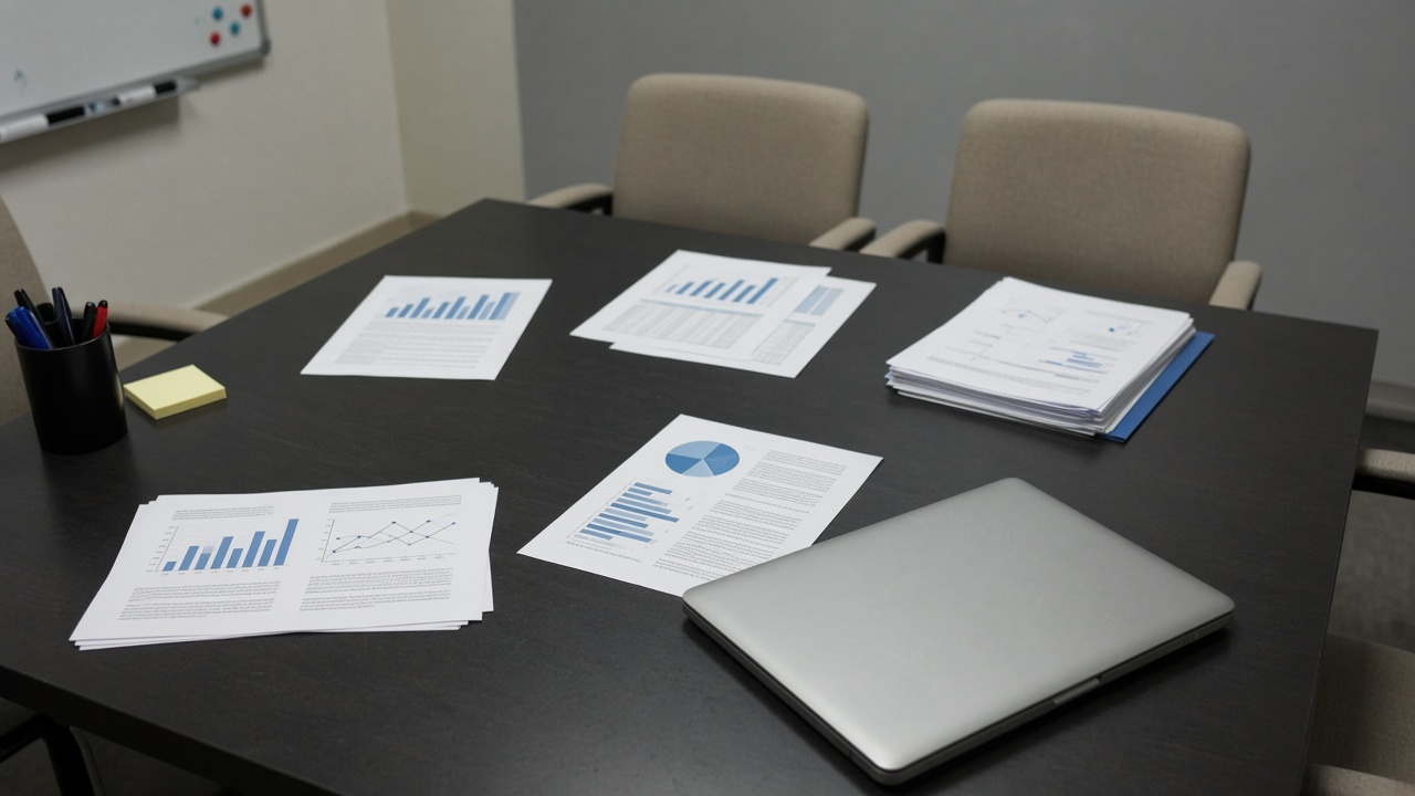 Conference room table with printed bonus charts and a closed laptop under office fluorescent lighting, no logos or readable text