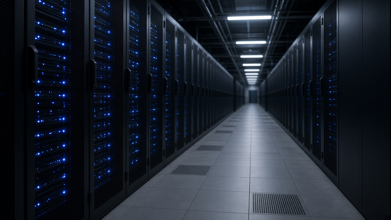Server rack aisle in a data hall with blue LED status lights and raised floor tiles, no brand labels on equipment, no readable text