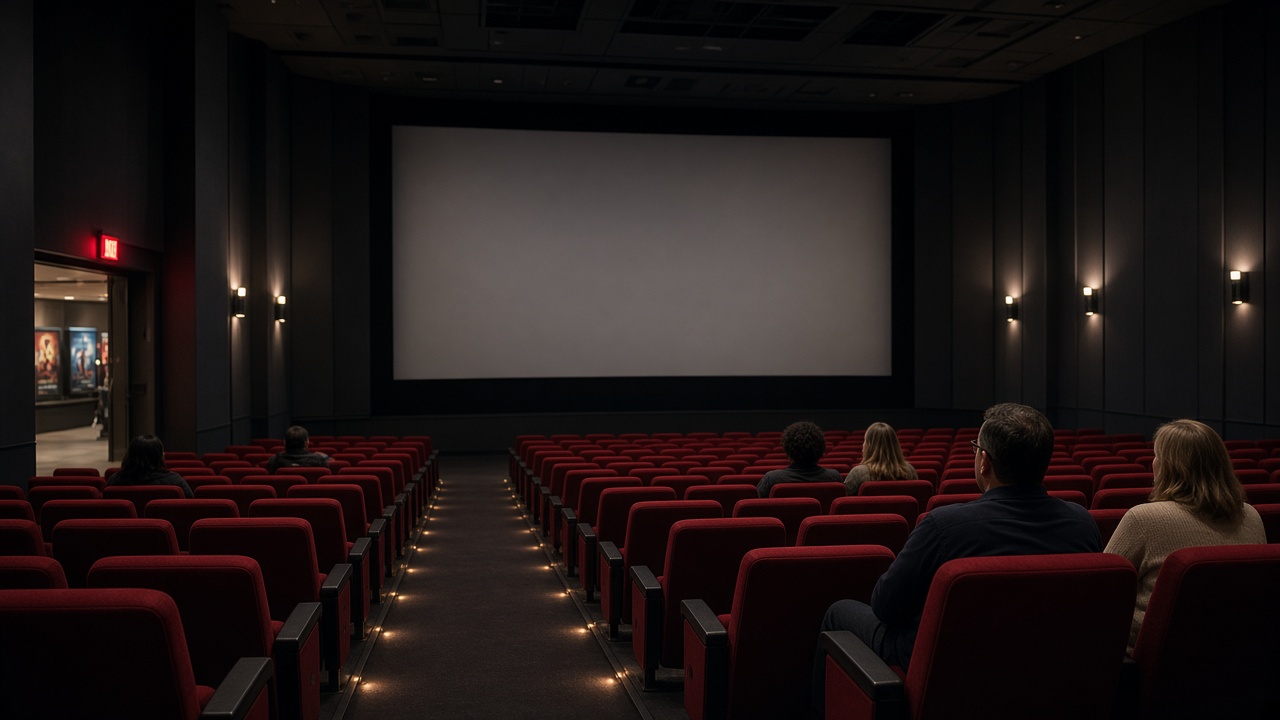 Multiplex auditorium with red seats and a few patrons, dim aisle lighting, blank screen, movie posters in lobby blurred without readable titles or logos.