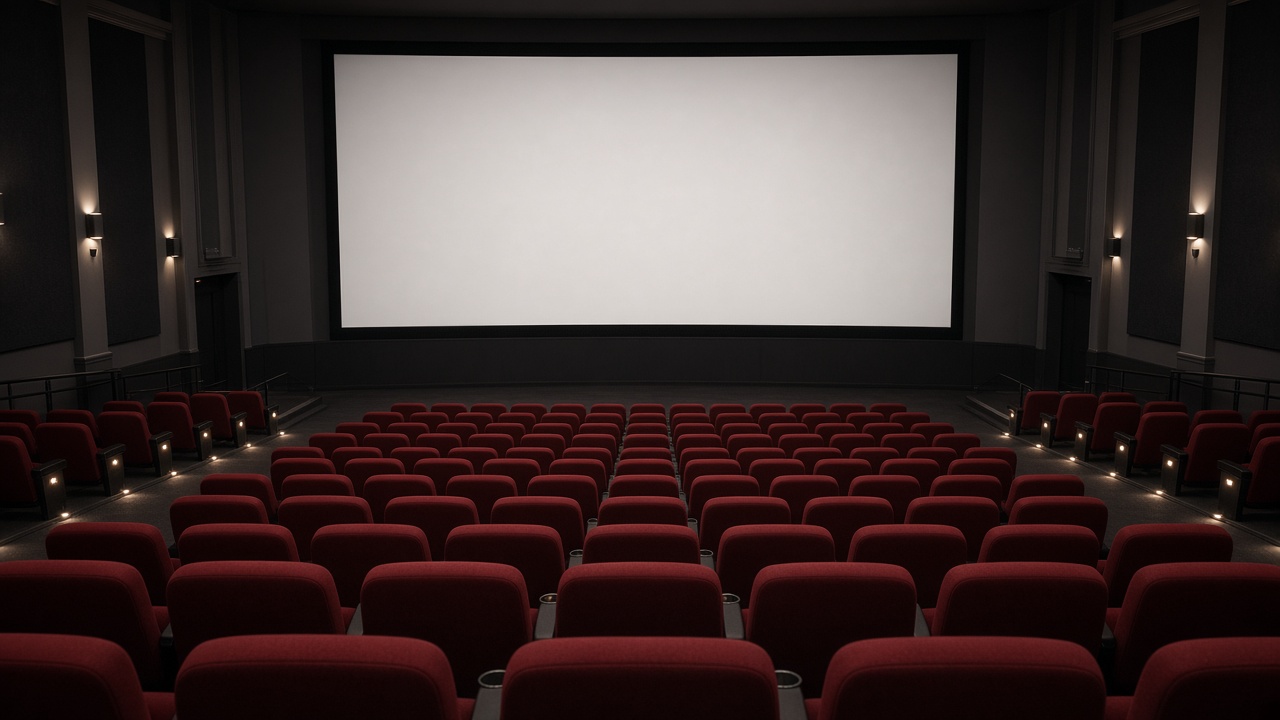 Empty movie theater auditorium with red seats facing a blank white screen, dim aisle lights, no posters with readable titles