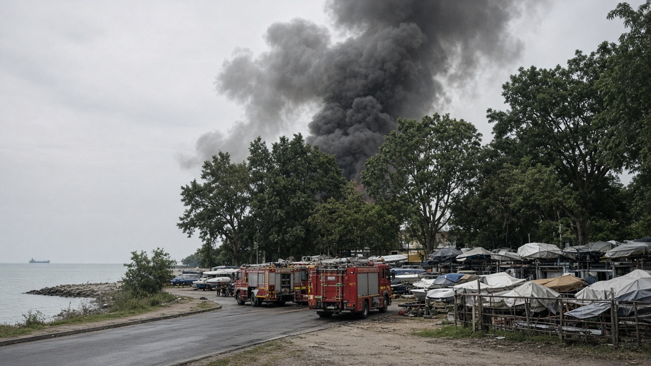 Black smoke billows above trees at a Singapore seaside park as fire engines park along a service road near stored boats