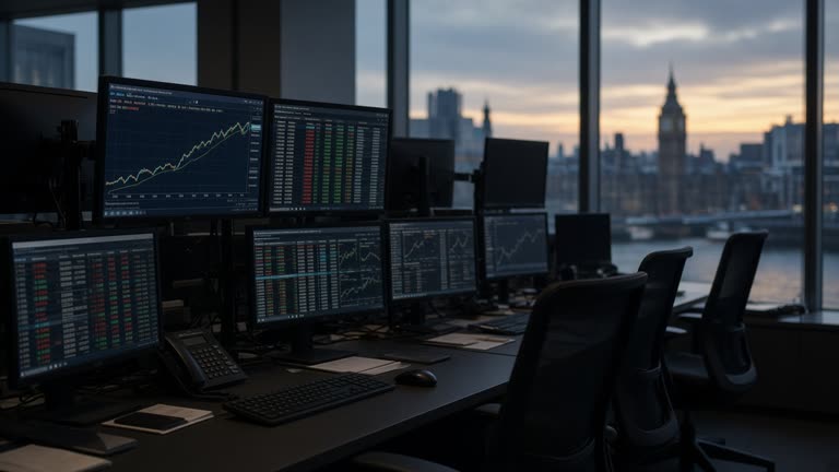 Government bond trading screen with yield curve chart glowing green and red, empty office chairs in a London dealing room, evening light, no logos or readable text