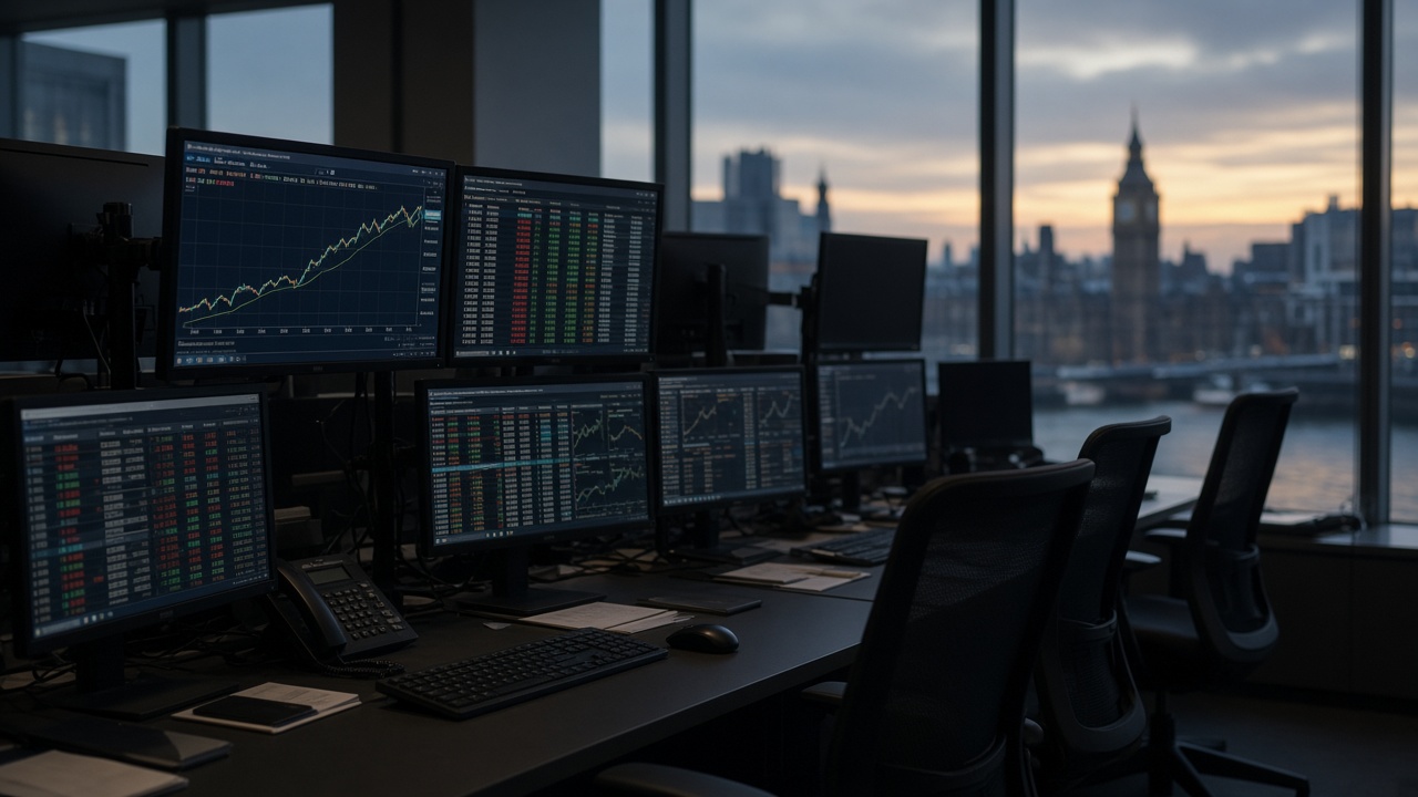 Government bond trading screen with yield curve chart glowing green and red, empty office chairs in a London dealing room, evening light, no logos or readable text