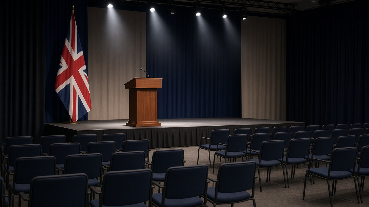 Empty political conference hall with stage lights on a wooden podium, union flag draped to one side, seats in rows, no logos or readable text on banners