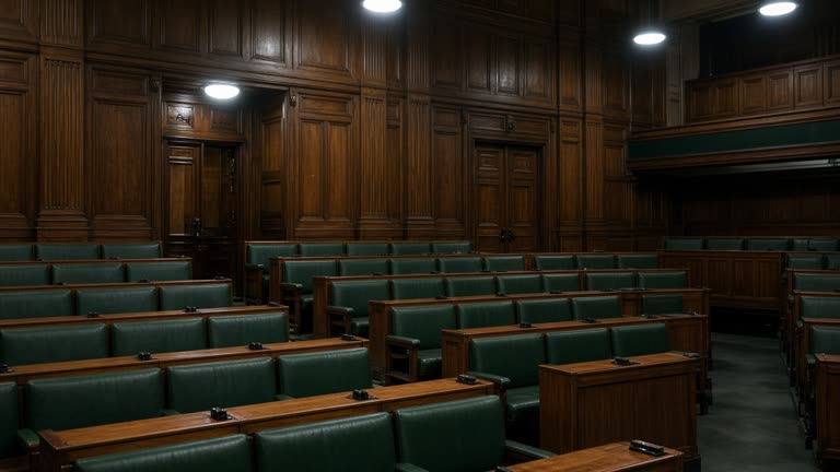 Legislative chamber interior with empty green benches and tall wooden panels under overhead lights, wide documentary angle, no logos or readable text