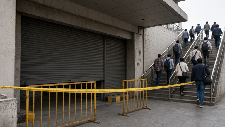 Delhi metro station entrance with yellow barricade tape and closed roller shutter gates, commuters waiting on stairs, overcast daylight, no readable signage