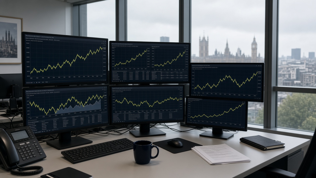 Trading desk with multiple monitors showing bond yield charts in a London office, faces not visible, no readable ticker symbols