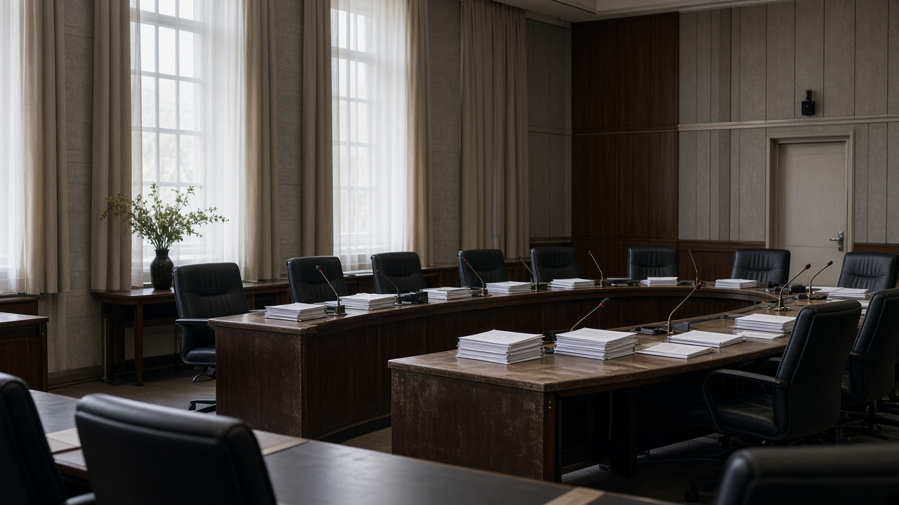 Empty National Assembly committee hearing room with microphones and stacked briefing binders on the dais, morning light through tall curtains, no logos or readable text