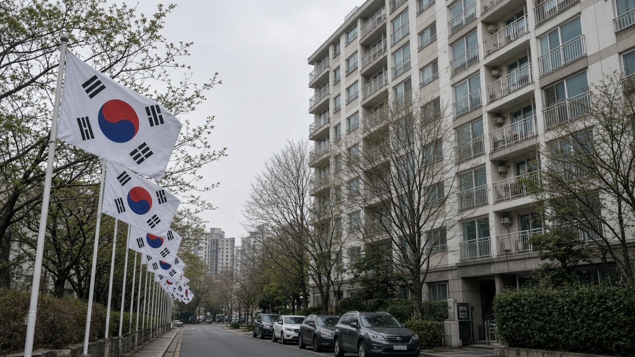 Taegukgi flags hanging along a quiet Seoul street before a national holiday, overcast morning light on apartment balconies, no logos or readable text