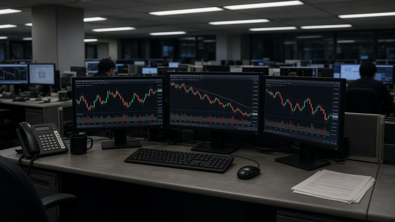 Tokyo currency trading desk with multiple monitors showing candlestick charts without readable tickers, evening office lighting, no logos or readable text