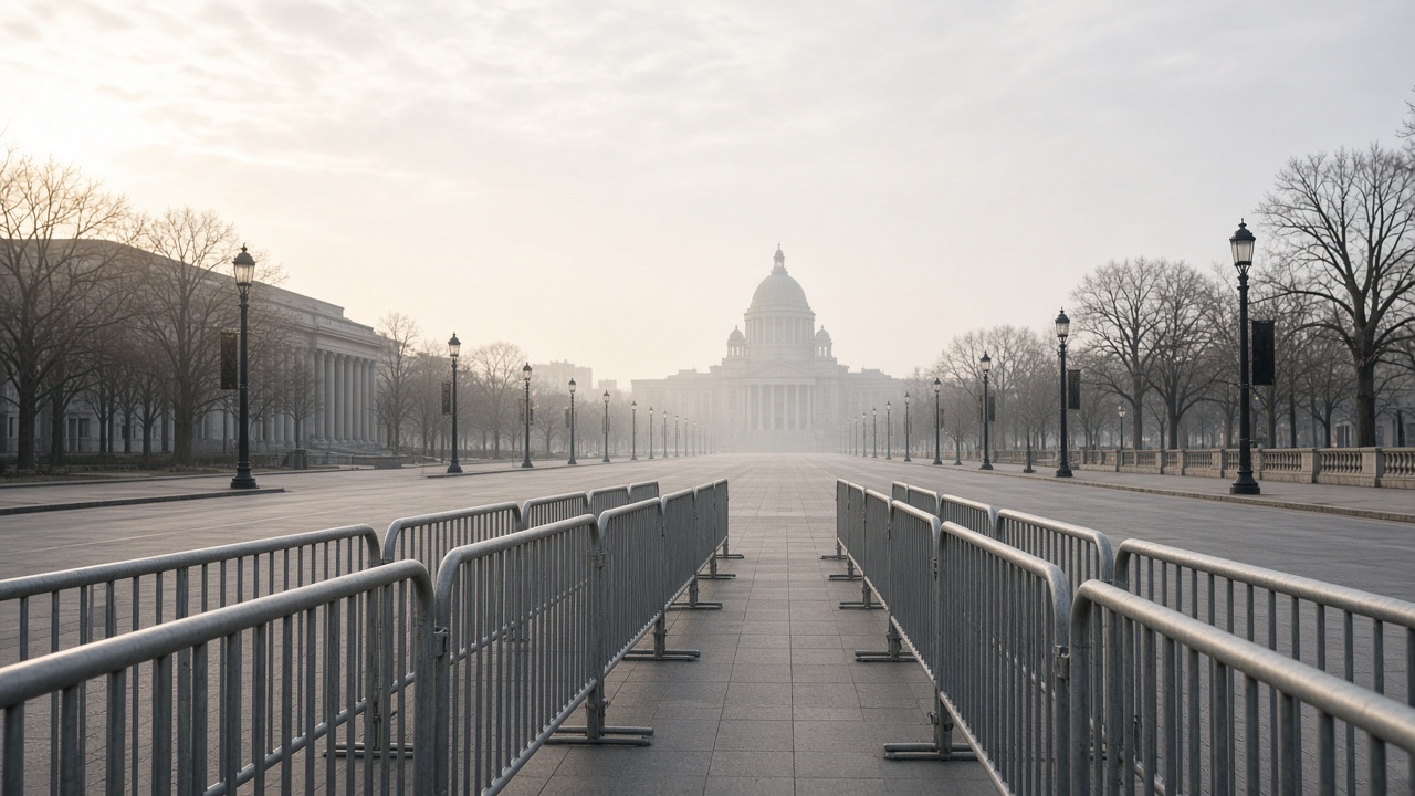 Steel crowd barricades lining a wide boulevard toward a distant government building facade under morning haze, empty sidewalks, no people, no logos or readable text