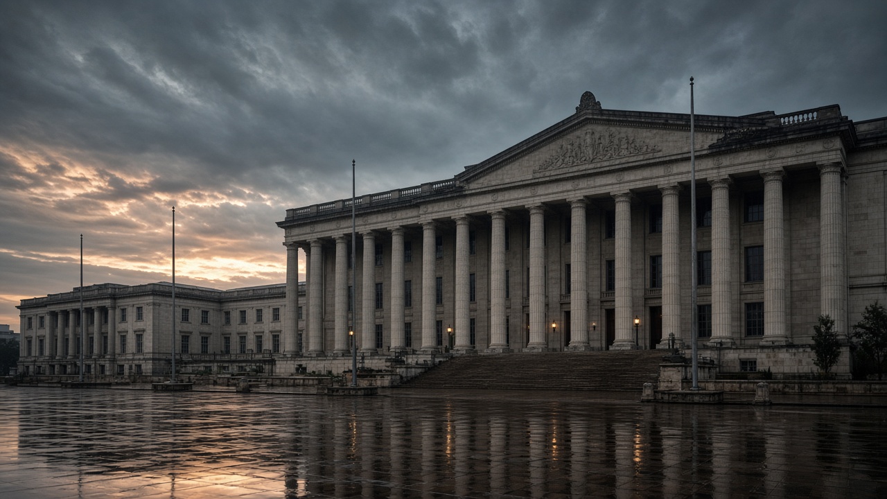 Wide shot of a neoclassical parliament building facade at dawn with monsoon clouds, wet pavement reflections, flagpoles without readable insignia, no logos or readable text.