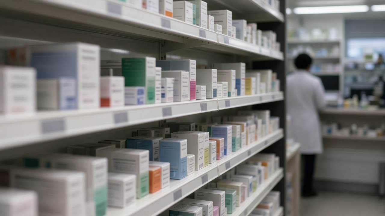 Community pharmacy shelves with medicine boxes turned away from camera, fluorescent lighting, pharmacist silhouette at counter in background, no readable labels or faces