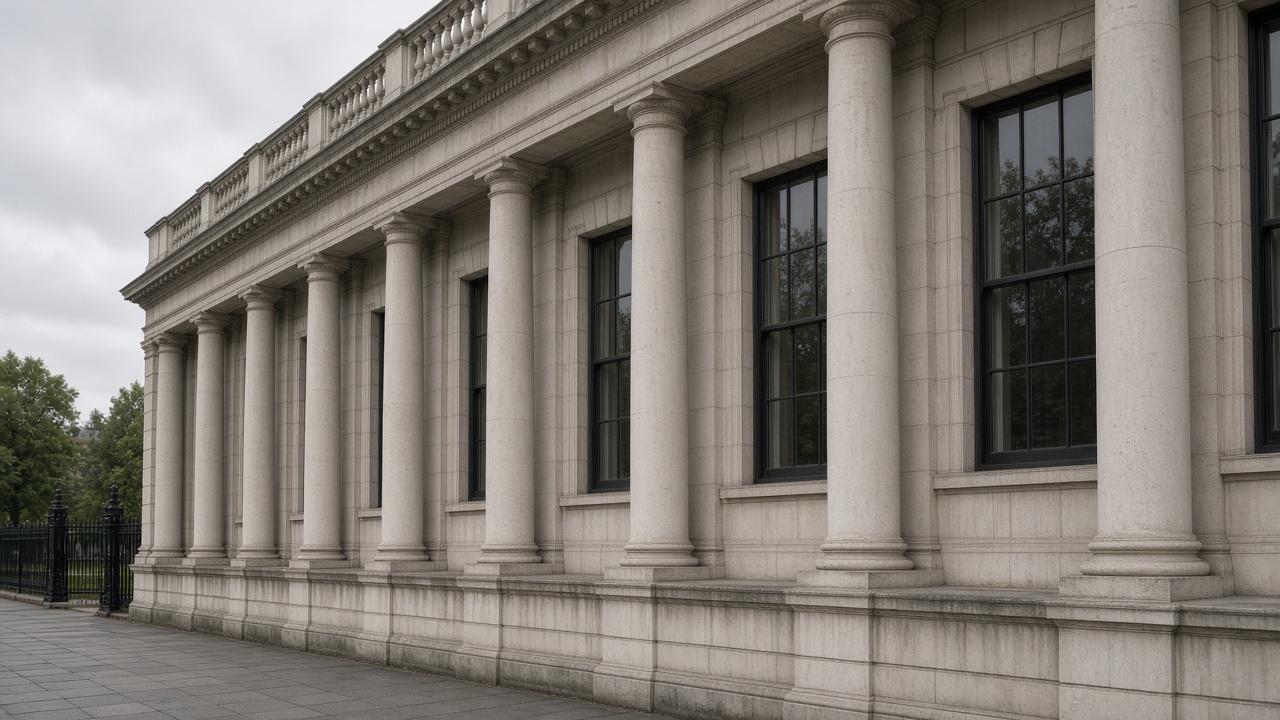 UK Treasury building facade on Horse Guards Road, Portland stone columns, overcast sky, no readable signage