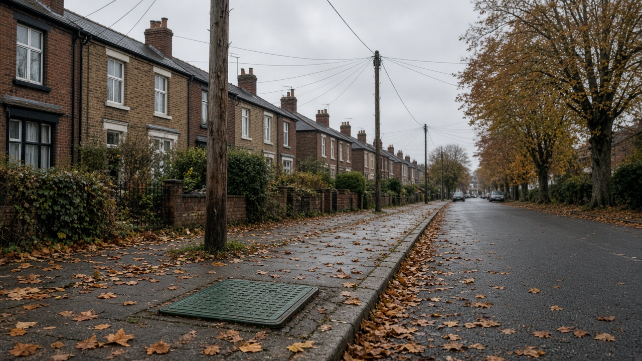Residential street with telegraph poles and underground fibre hatch on pavement, autumn leaves, no brand marks