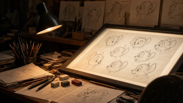 Animation desk with pencil sketches and a backlit tracing table, cluttered erasers, warm tungsten lamp, no logos or readable text