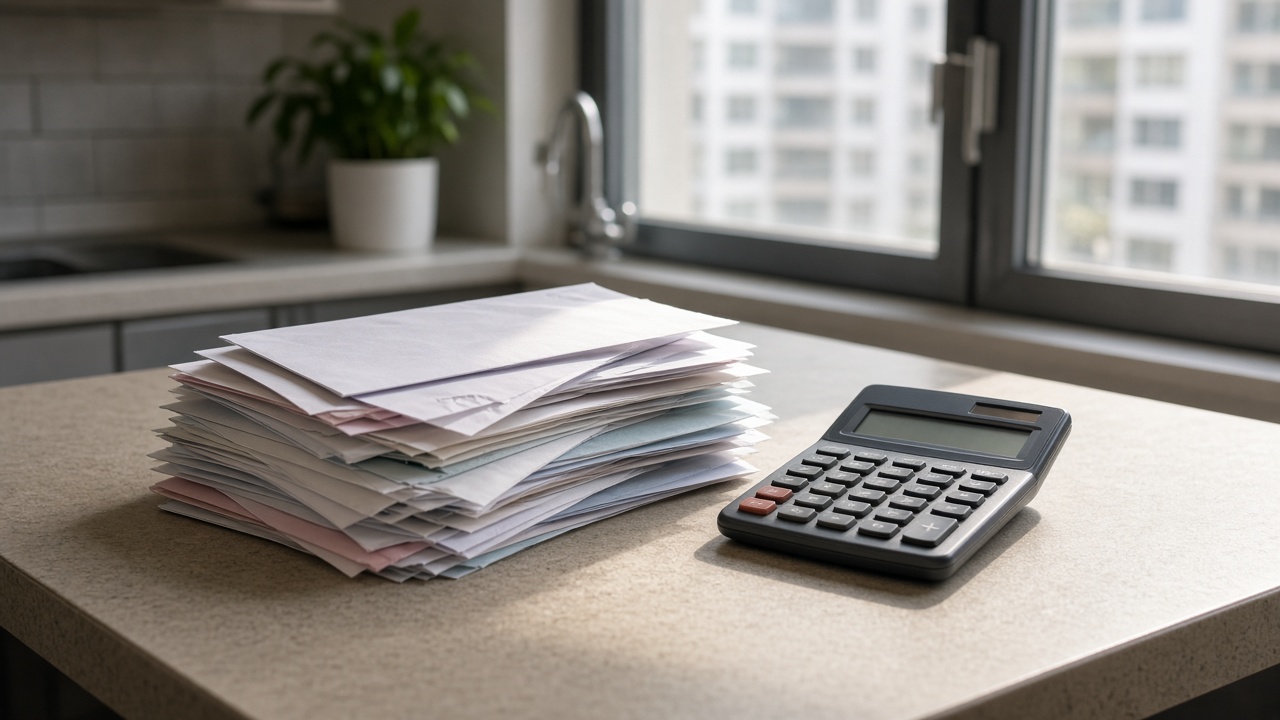 Stack of envelopes and paper bills on a kitchen table next to a calculator, morning light through HDB window, no readable text