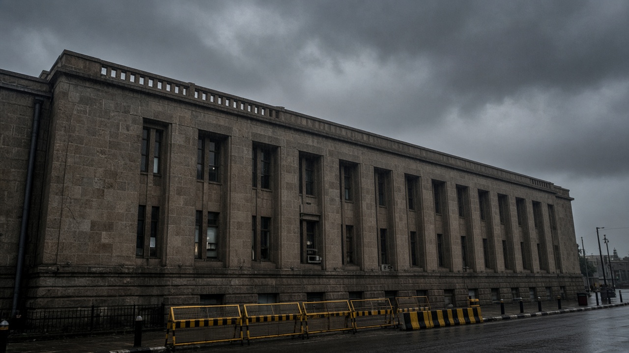 The Reserve Bank of India headquarters stone facade in Mumbai, monsoon clouds overhead, security barriers along the sidewalk, no logos or readable text