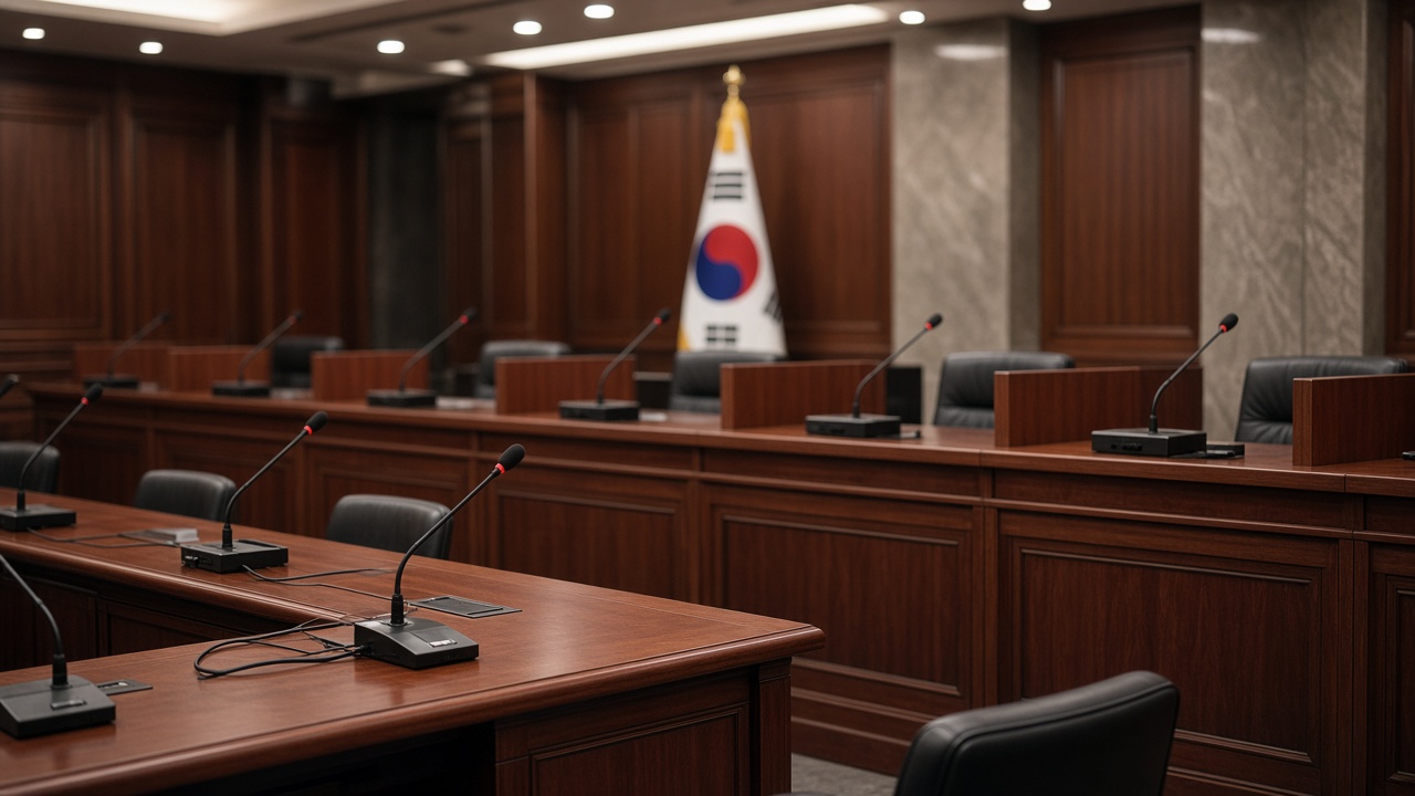 Empty legislative hearing room with wooden desks and microphones, overhead lights, Korean flag blurred, no logos or readable text