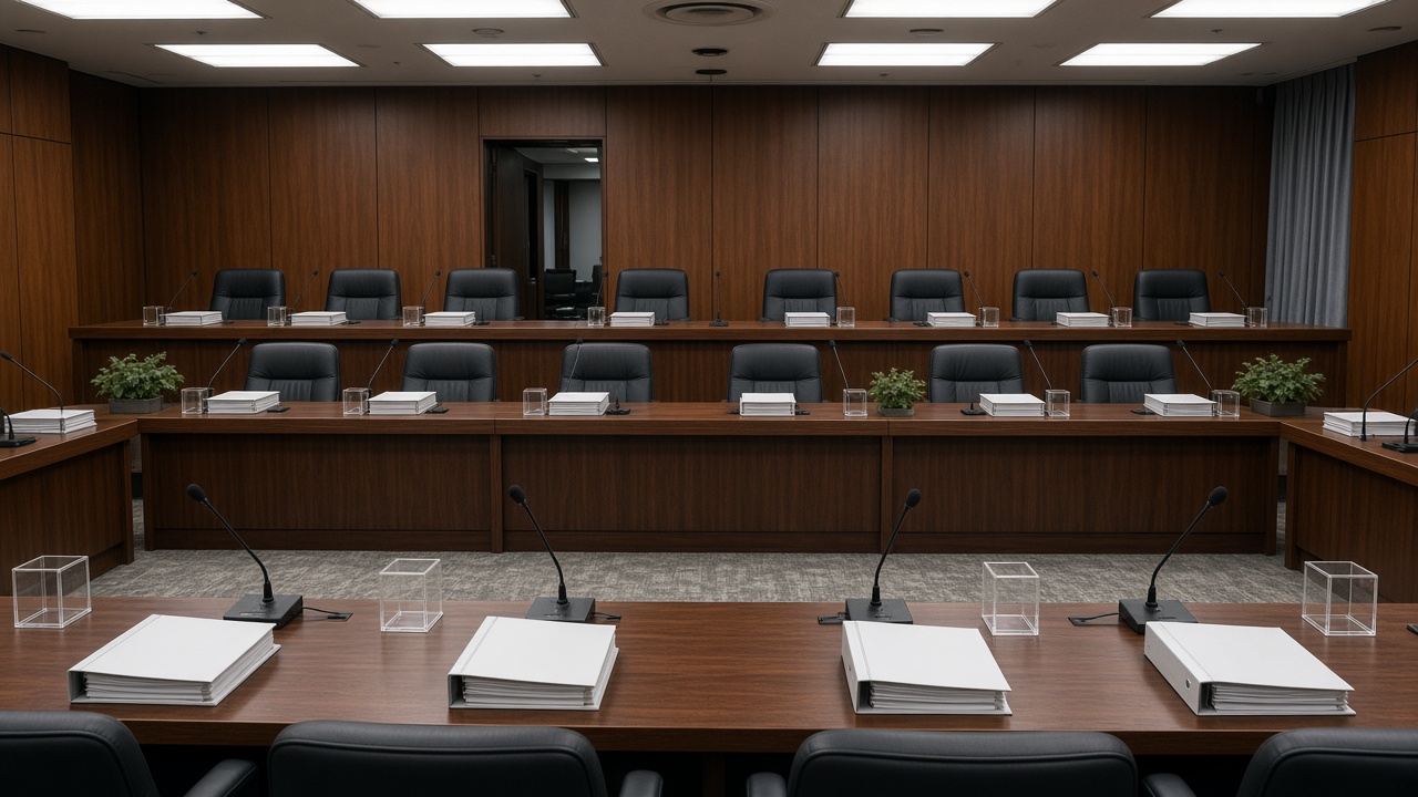 Japanese Diet committee hearing room with wooden desks, microphones and document binders, empty chairs, overhead fluorescent panels, no logos or readable text