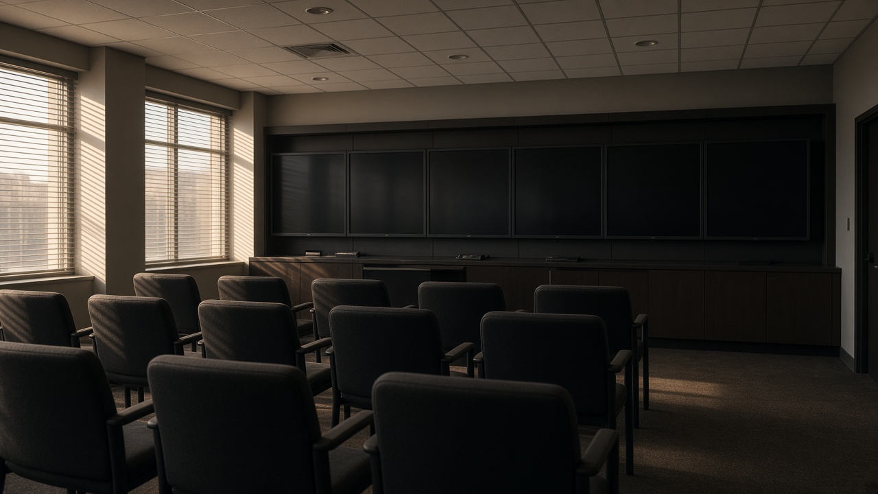 Empty securities brokerage customer area with rows of chairs facing a dark monitor wall, late afternoon light through blinds, no logos or readable text