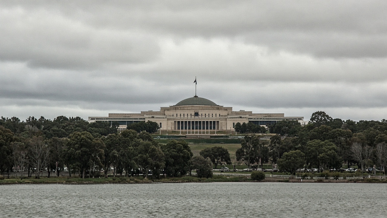 Canberra Parliament House across Lake Burley Griffin under grey spring sky, telephoto view, no logos or readable text