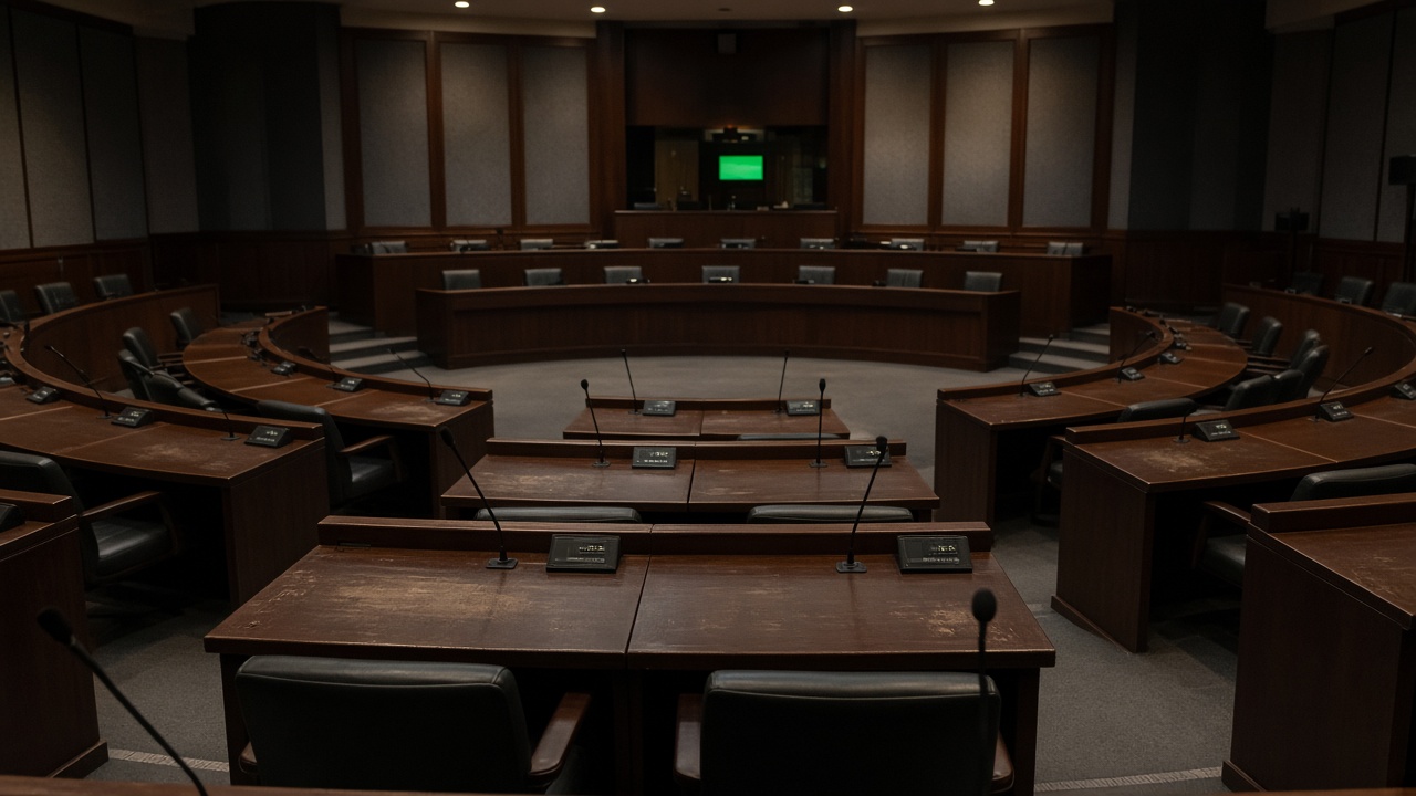 Empty legislative chamber with wooden desks and microphones, dim overhead lights, a single monitor glowing green in the background, no flags with readable text, no people