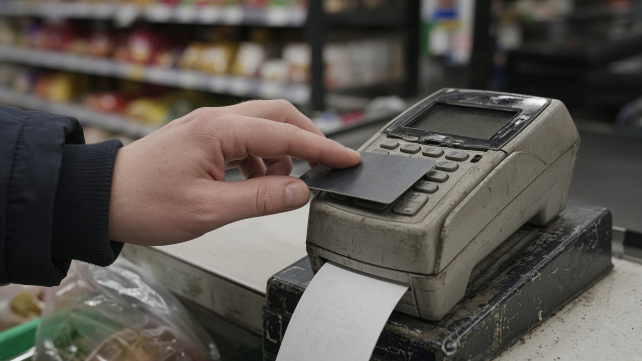 Close view of a customer’s hand tapping a debit card on a worn grocery store payment terminal beside a paper receipt, fluorescent aisle lighting, shallow depth of field, no logos or readable text