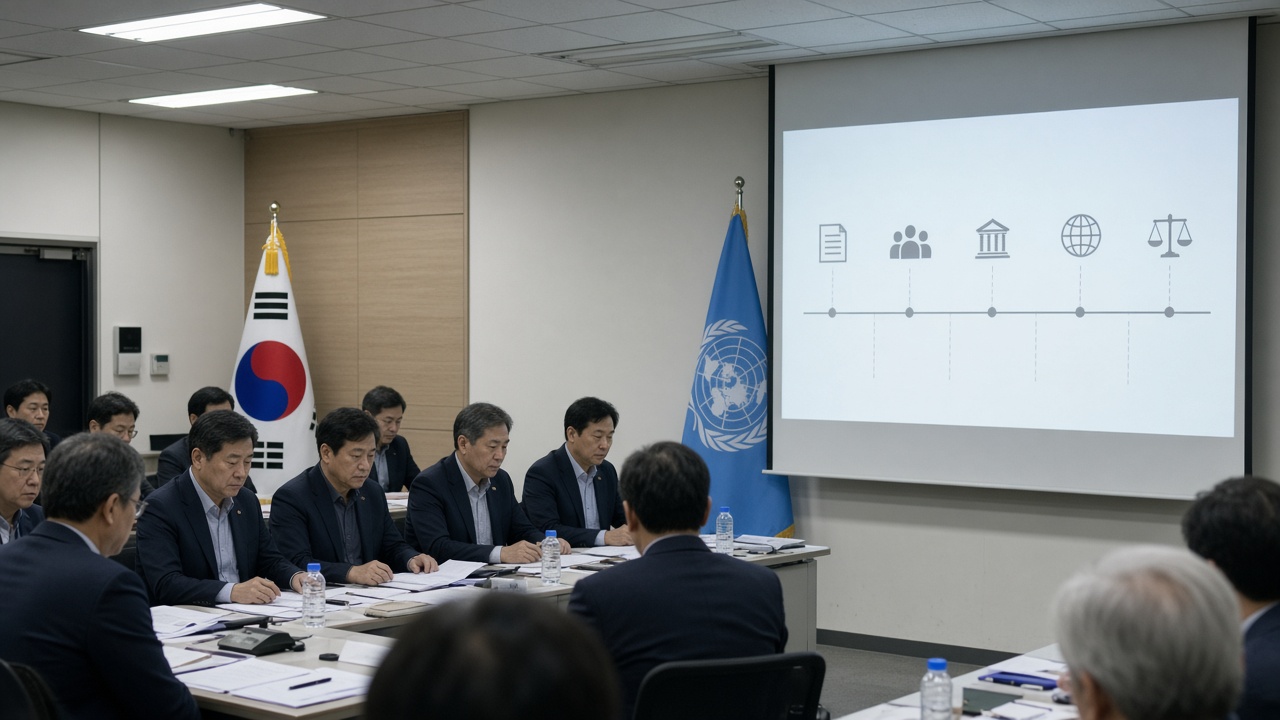 Justice Ministry briefing room in Gwacheon with officials seated before national flags and a projected arbitration timeline