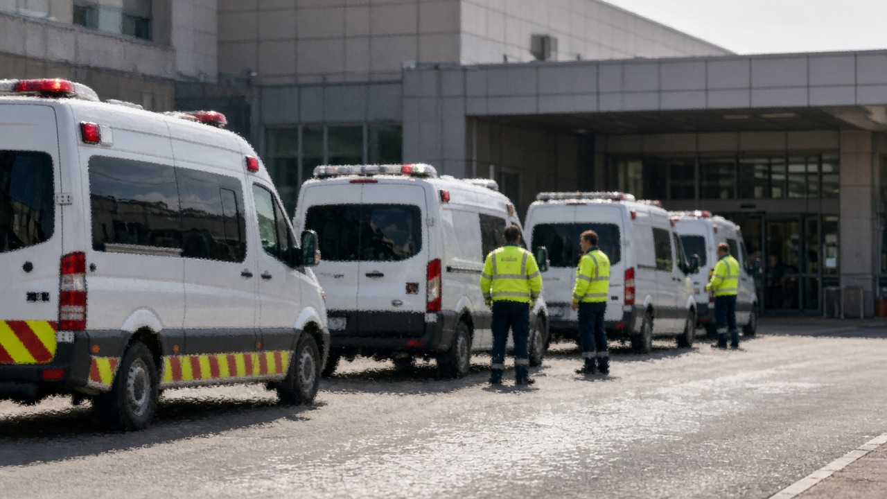 Ambulances queued outside hospital emergency department bay, paramedics in high-visibility jackets, hazy summer heat shimmer, documentary telephoto framing, no logos or readable text