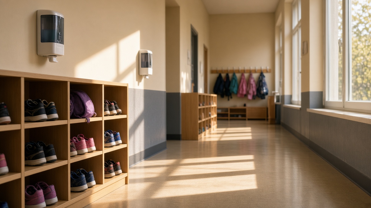 Elementary school hallway with shoe racks and hand sanitizer dispensers mounted on the wall, afternoon sunlight through windows, no faces or readable text