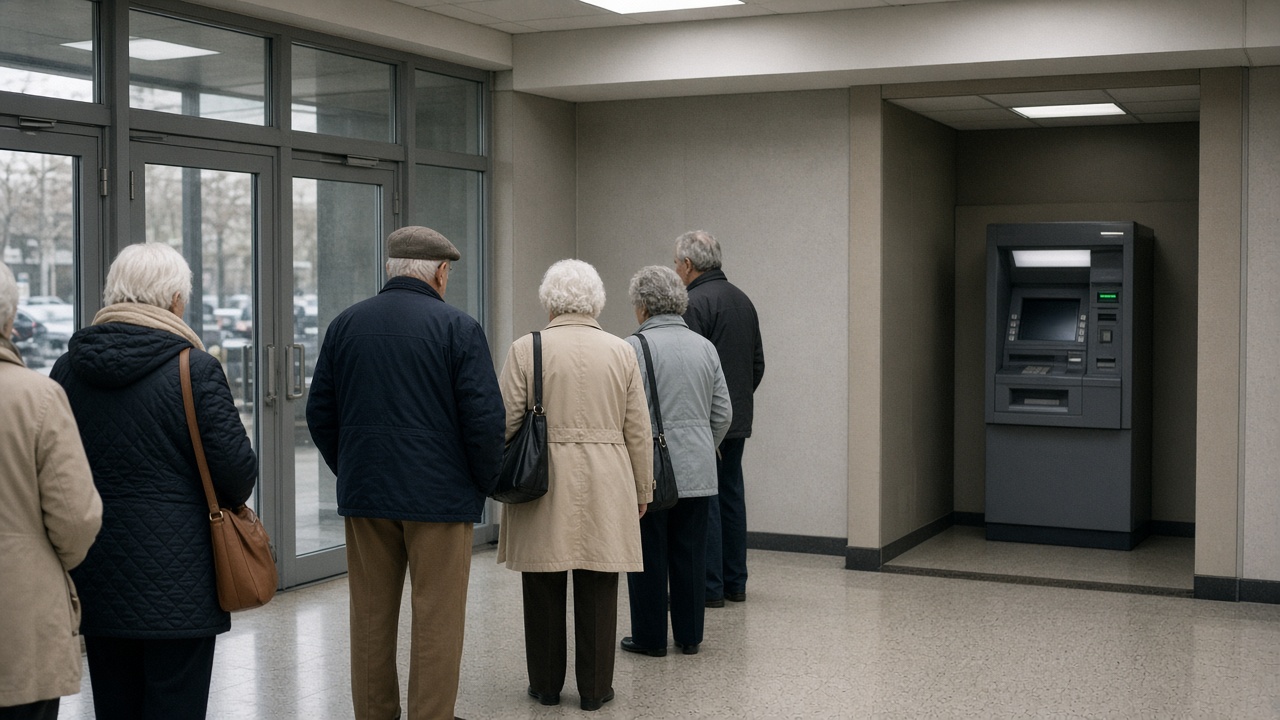 Bank branch lobby with seniors waiting in line near glass doors while an ATM alcove sits to the side under flat ceiling lights, no logos or readable text