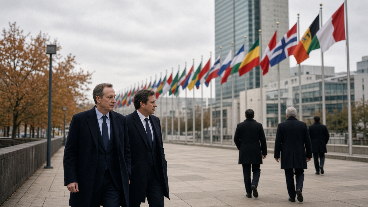 Ethiopian officials walk past the United Nations headquarters in New York during a grey autumn morning, flags lining the plaza
