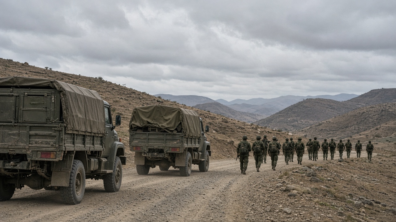 Ethiopian military trucks on a dusty road in northern Tigray hills under overcast sky, soldiers in distance near border region