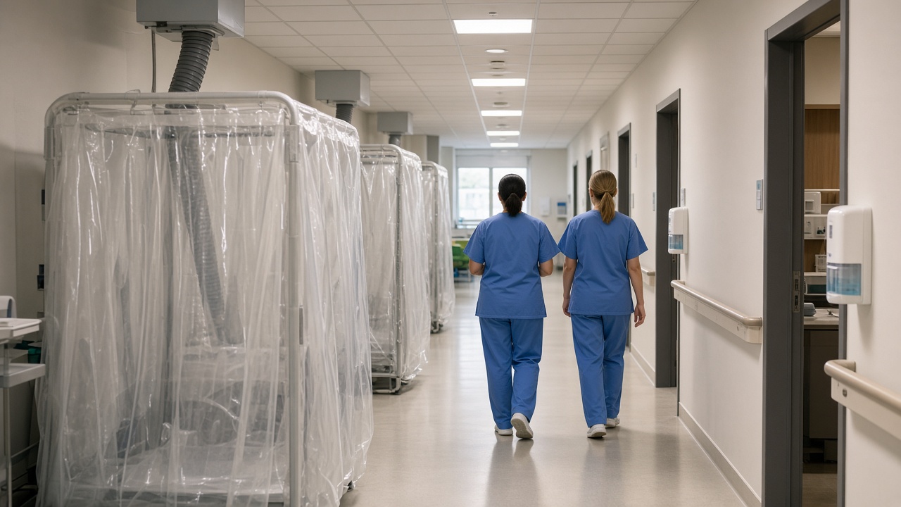 Hospital maternity ward corridor with portable negative-pressure pod curtains and hand sanitizer stations, soft overhead lighting, nurses in scrubs walking away from camera, no faces visible and no readable text