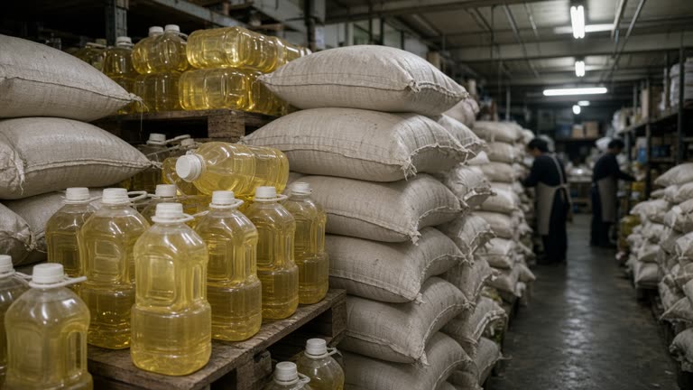 Stacked cooking-oil bottles and bulk soybean meal sacks in a Taipei wholesale market aisle under fluorescent light, workers in aprons blurred in background, no logos or readable text