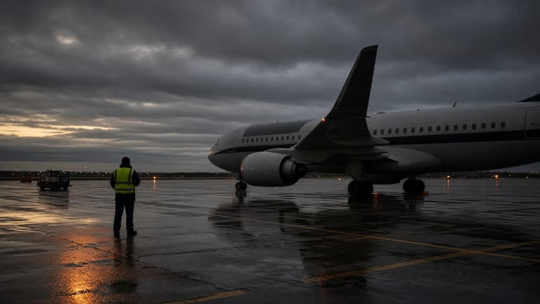 Airport ramp at dusk with ground crew guiding a plane toward a gate as dark storm clouds build on the horizon, wet tarmac reflections, amber runway lights, no airline logos or readable text