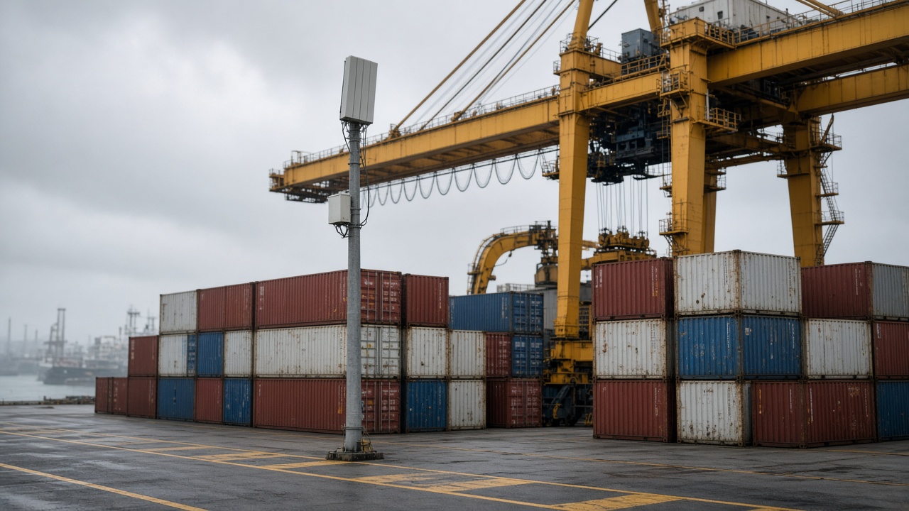 Port container yard with yellow ship-to-shore crane, small 5G panel antenna on a steel pole, stacked shipping containers with faded paint, overcast coastal light, no readable container codes or logos