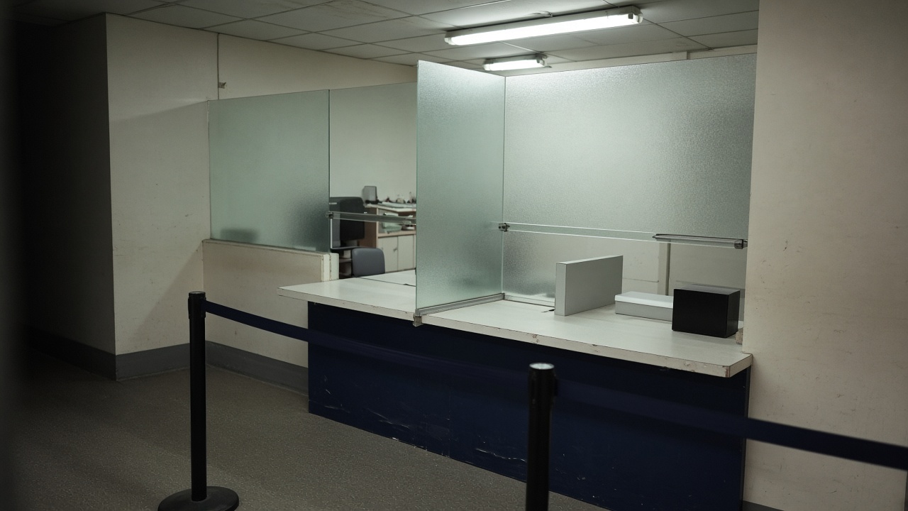Interior of a UK high street money shop counter with frosted glass partition and queue barrier, fluorescent lighting, no readable text or brand logos