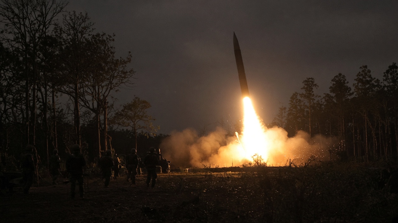 Night launch of a tactical ballistic missile from a wooded field, bright exhaust plume and soldiers silhouetted at a distance