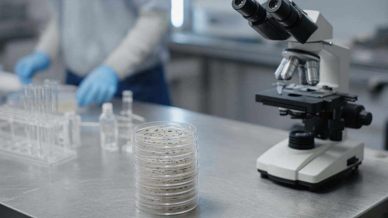 Laboratory bench with petri dishes and a benchtop microscope, cool white LED lighting, gloved hands blurred in background, no readable labels on glassware