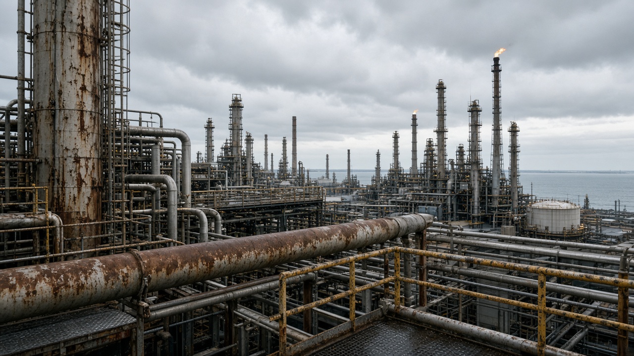 Industrial petrochemical pipes and flare stacks at a coastal refinery complex under grey overcast skies, rust-stained steel and safety railings, no logos or readable text