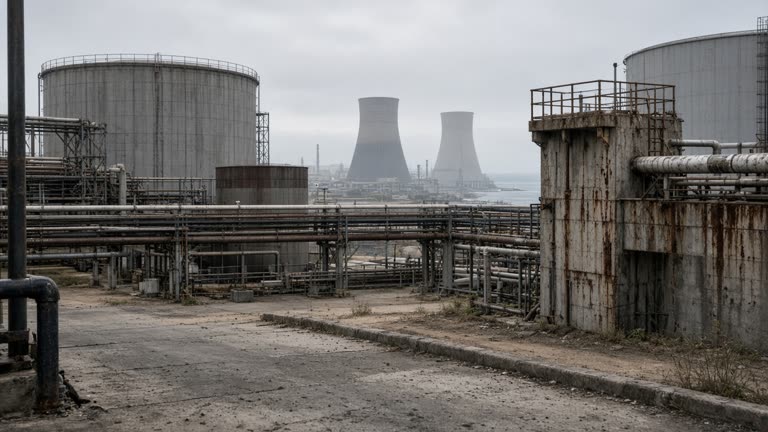 Industrial petrochemical complex with grey storage tanks and pipe racks under overcast coastal light, distant cooling towers, worn concrete and rust streaks, handheld documentary framing, no logos or readable text