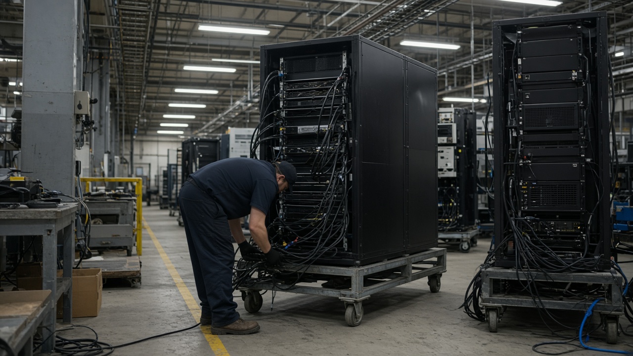 Factory assembly bay with metal server racks on rolling carts and workers routing thick power cables under fluorescent factory lighting, no logos or readable text
