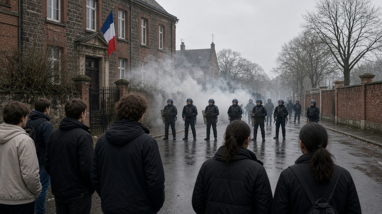 Riot police in helmets stand behind smoke near a French high school as students gather on a wet street after clashes in Lens
