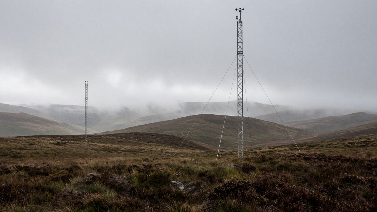 Wind-measurement masts on a misty Yorkshire moor with rolling hills and a distant RAF training route marker