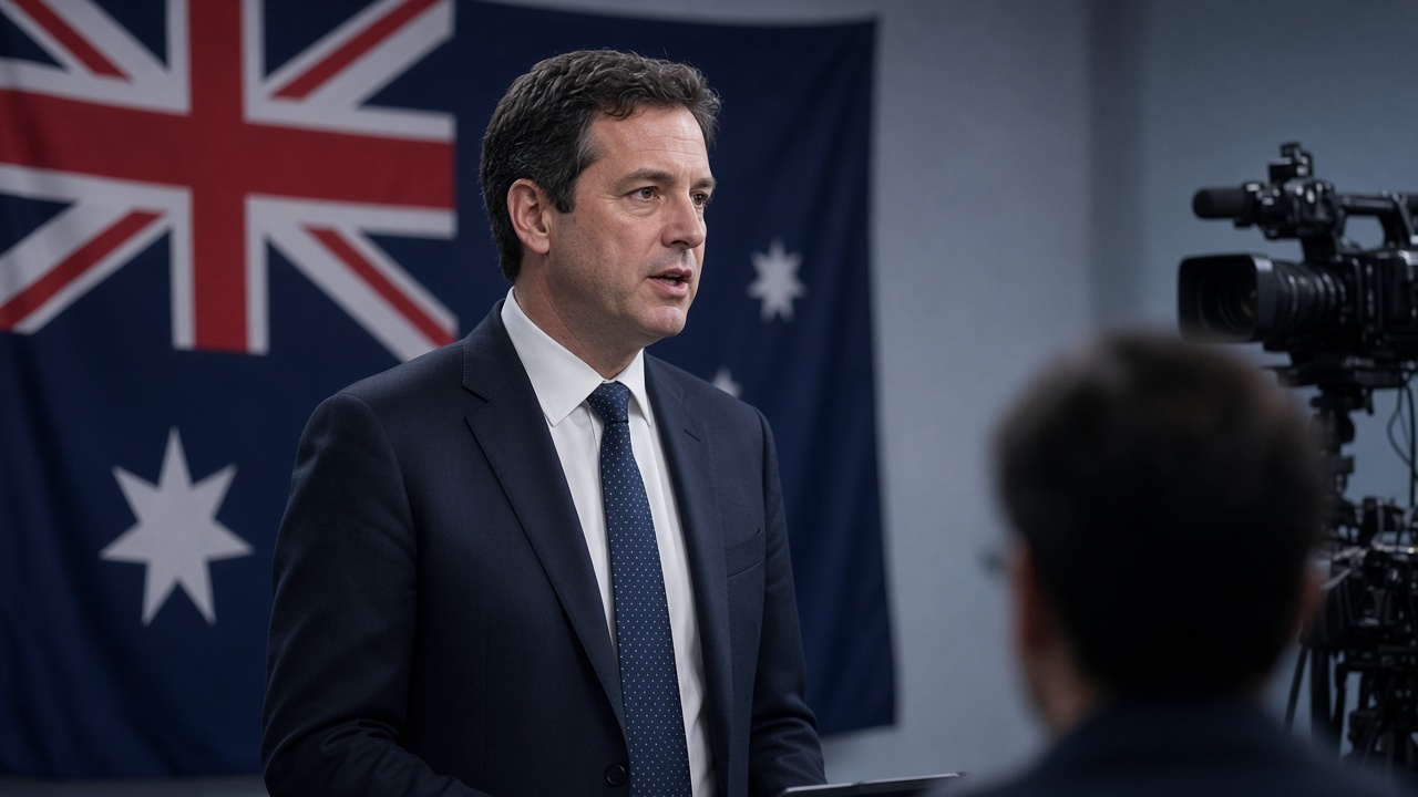 Television studio interview setup with Australian flag backdrop, former treasurer in dark suit speaking to off-camera journalist, cold lighting
