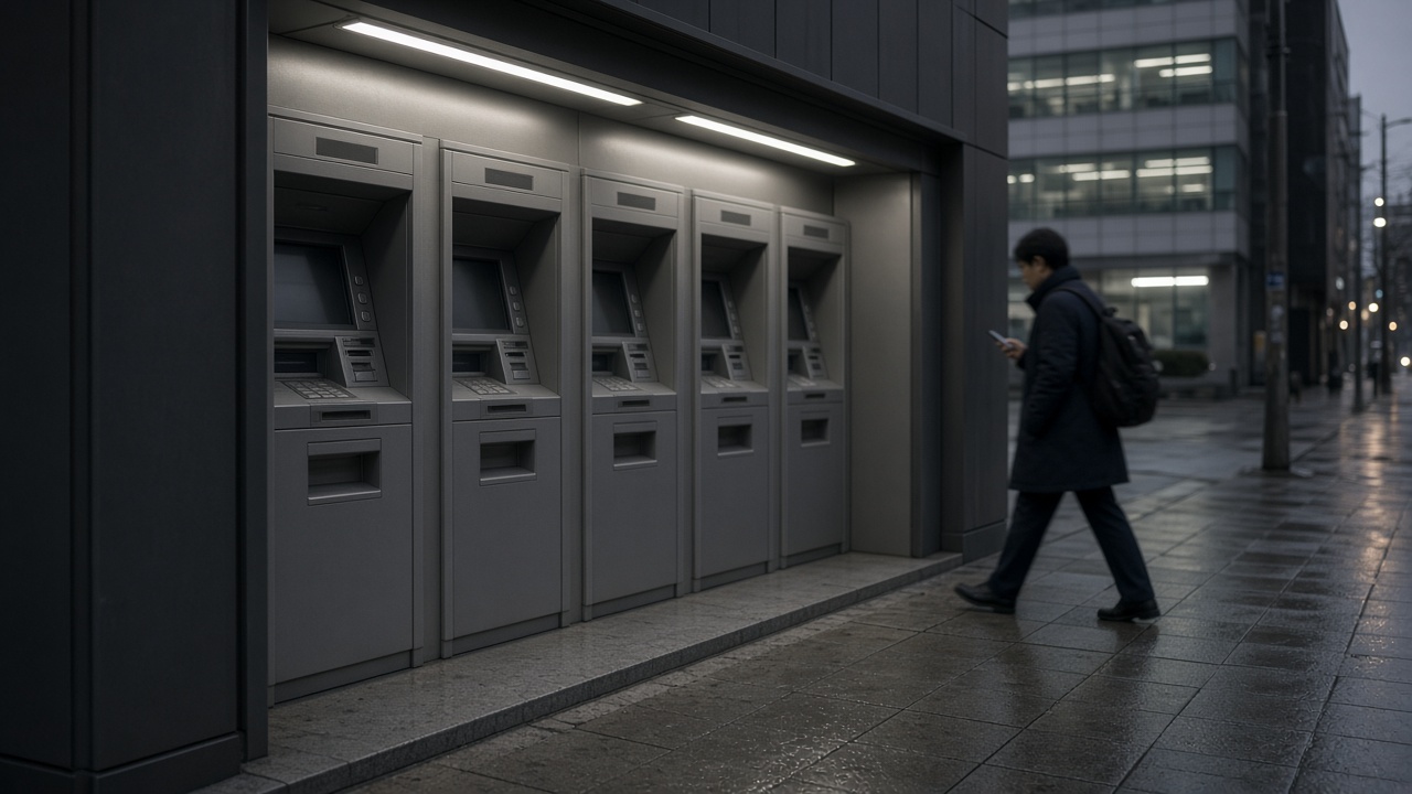 Rows of automated teller machines glow under fluorescent lights in a Seoul banking district as a pedestrian passes with a phone.