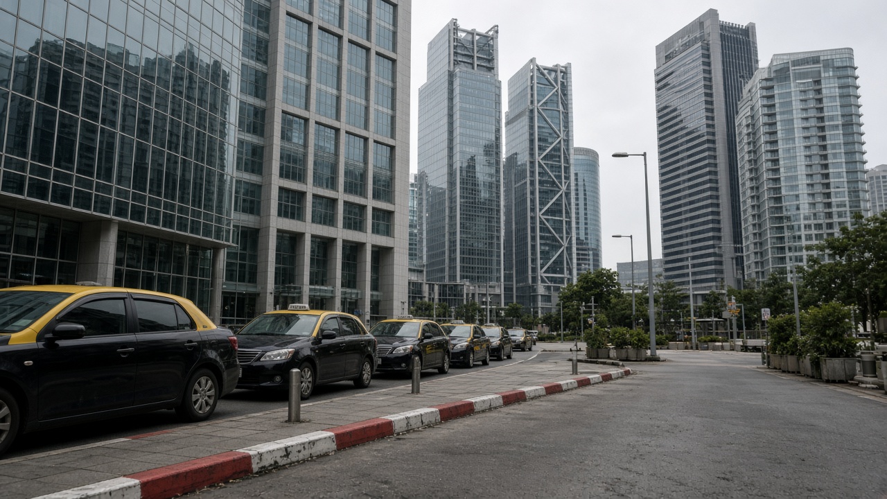 Glass and steel bank towers in Singapore financial district at overcast midday, scuffed pavement and taxi lane, no logos or readable signage